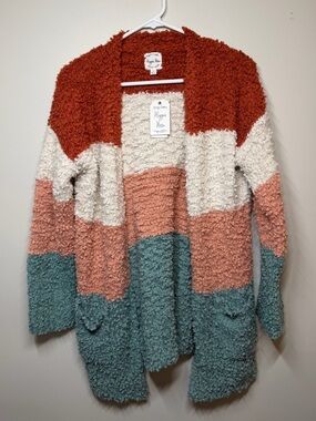 Hippie Rose Rust Cream Coral Teal Plush Colorblock Cardigan